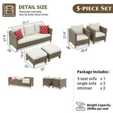 5-Piece Outdoor Patio Conversation Set with Cushions, Sofa, Chairs & Ottomans – Seats 7, Wicker Rattan Seating Group