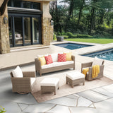 5-Piece Outdoor Patio Conversation Set with 360° Swivel Rocking Chairs, Sofa, Ottomans & Cushions – Wicker Rattan Furniture Set