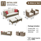 5-Piece Outdoor Patio Conversation Set with 360° Swivel Rocking Chairs, Sofa, Ottomans & Cushions – Wicker Rattan Furniture Set