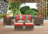 6-Piece Outdoor Patio Furniture Set with Sofa, Chairs, Ottomans, Coffee Table & Cushions – Wicker Conversation Set